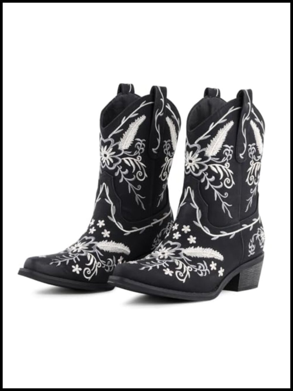 Western Cowboy Boots Faux Leather Pointed Toe Chunky Heel Pull-On Ankle Booties